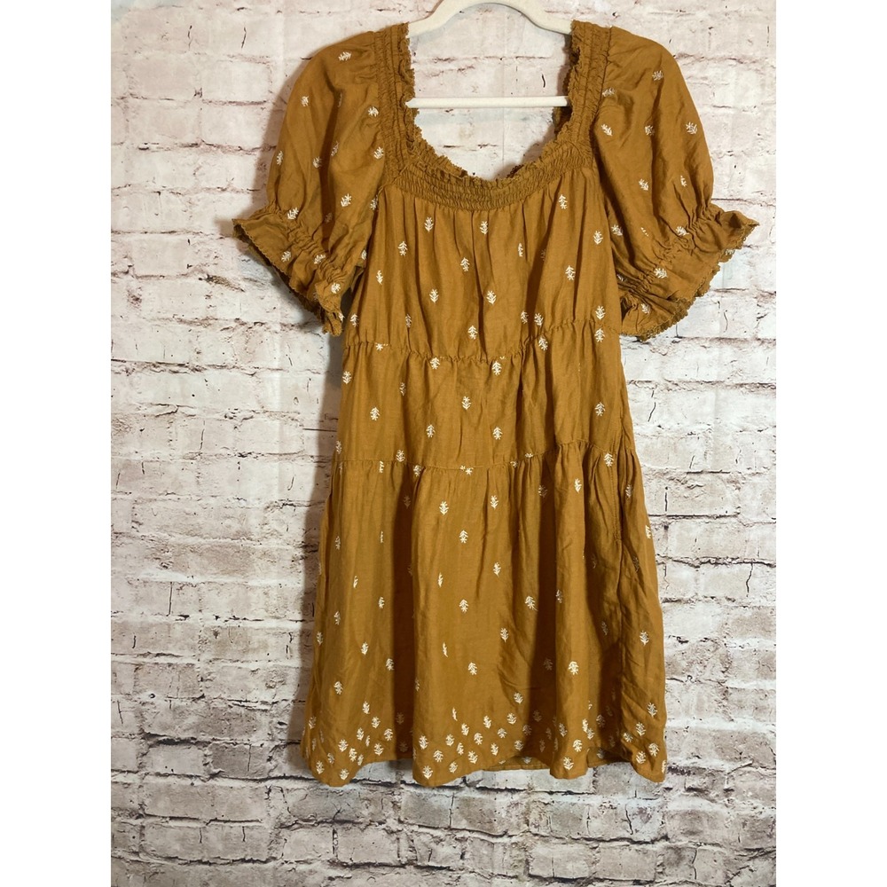 NEW Old Navy Peasant Dress XS Mustard Gold Floral Embroidery Boho Tiered Pockets